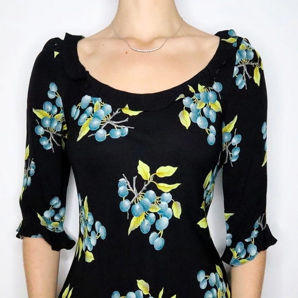 Vintage Betsey Johnson 90s Blueberry Fruit Print Ruffle Slip Midi Dress - Picture 2 of 16